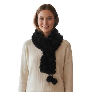 Genuine Rex Rabbit Fur Pom Pom Scarf Black Winter Wrap